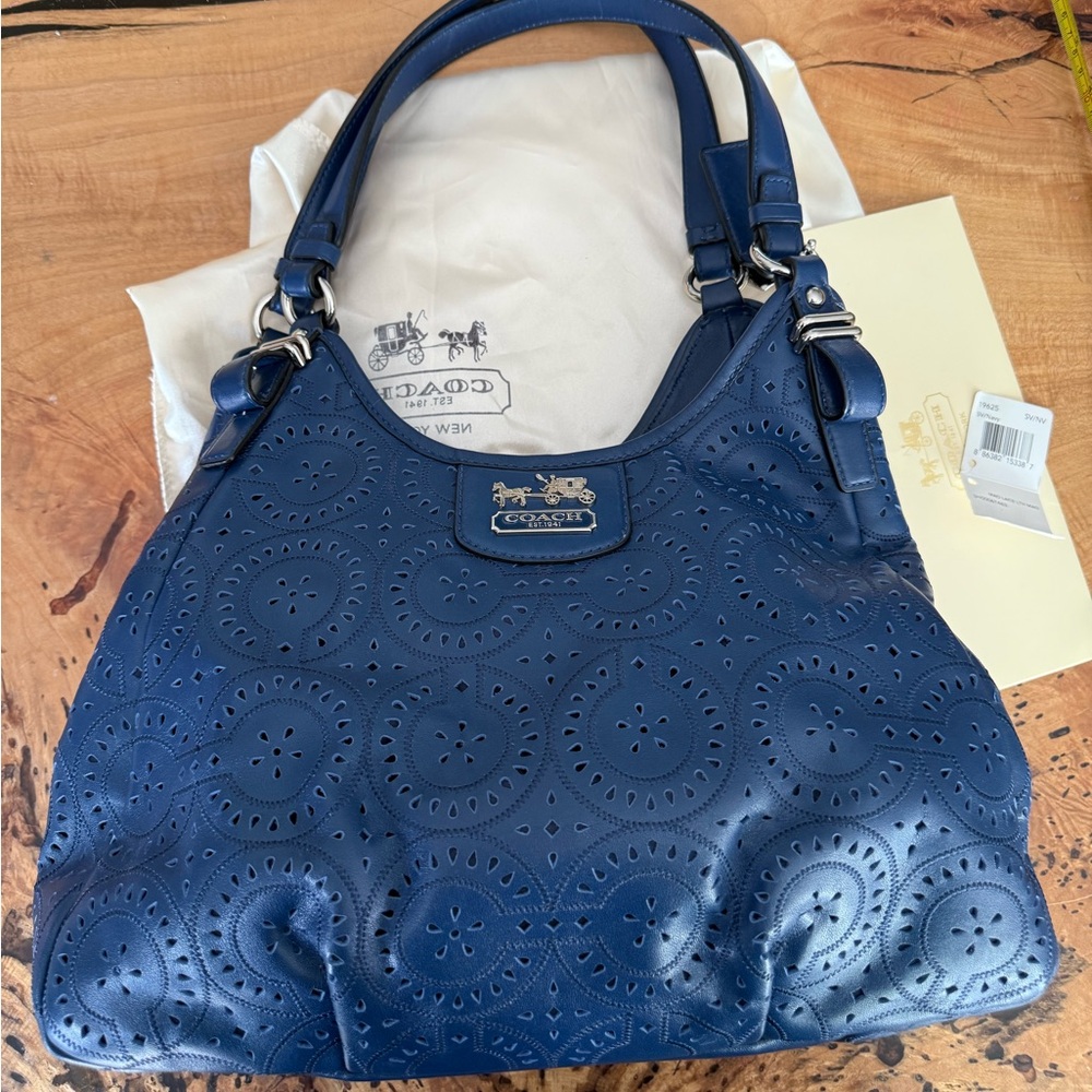 Coach Navy Perforated Leather Shoulder Bag with Silver Hardware